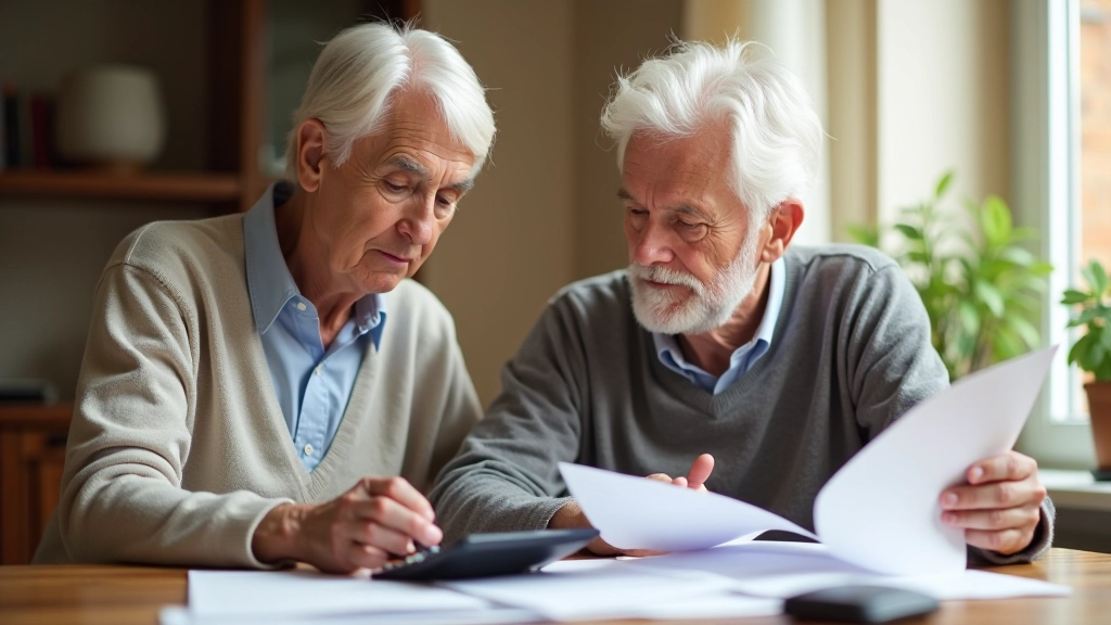 Rentnerin und Rentner schauen auf Dokumente mit Renteninformationen und Taschenrechner auf Schreibtisch, natürliches Licht