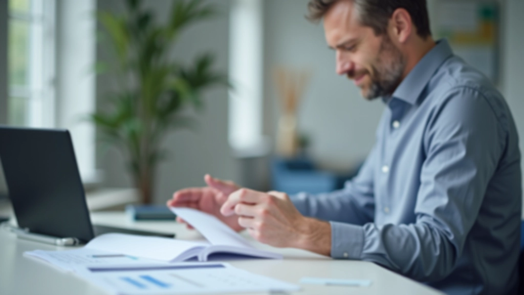 Finanzberater erklärt Rentendokumente an Schreibtisch mit Laptop, Grafiken und Taschenrechner sichtbar, professionelle Umgebung