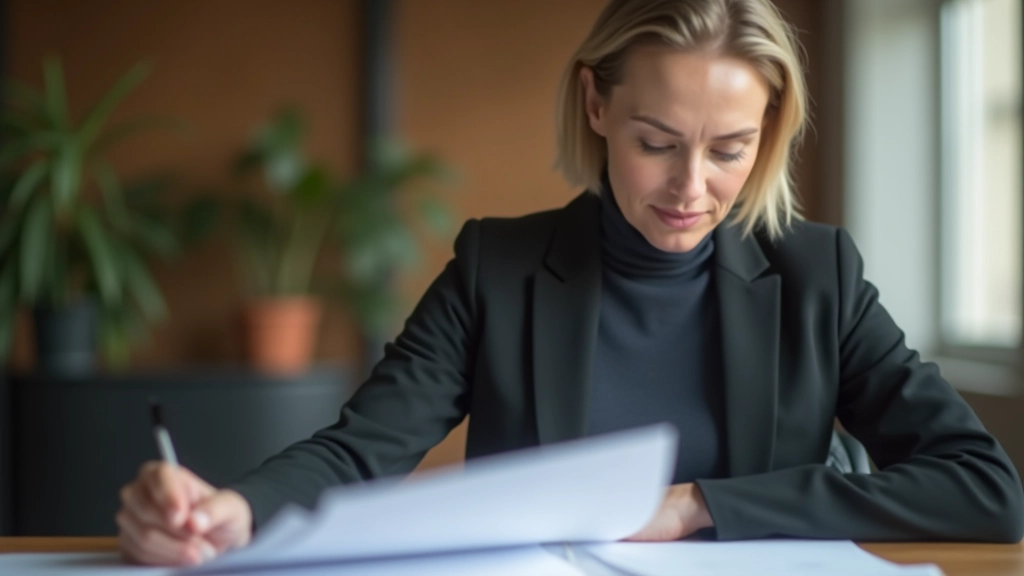 Frau sitzt am Schreibtisch und studiert Rentendokumente mit konzentriertem Blick